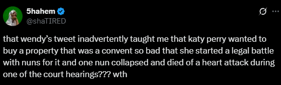 Screenshot of an X post discussing wendy's katy perry