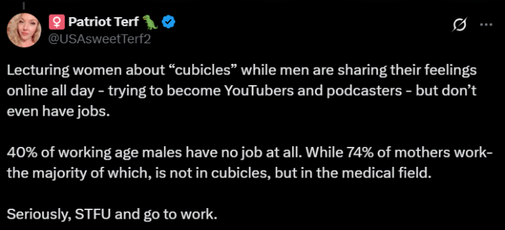 Screenshot from an X post discussing women fought for cubicles