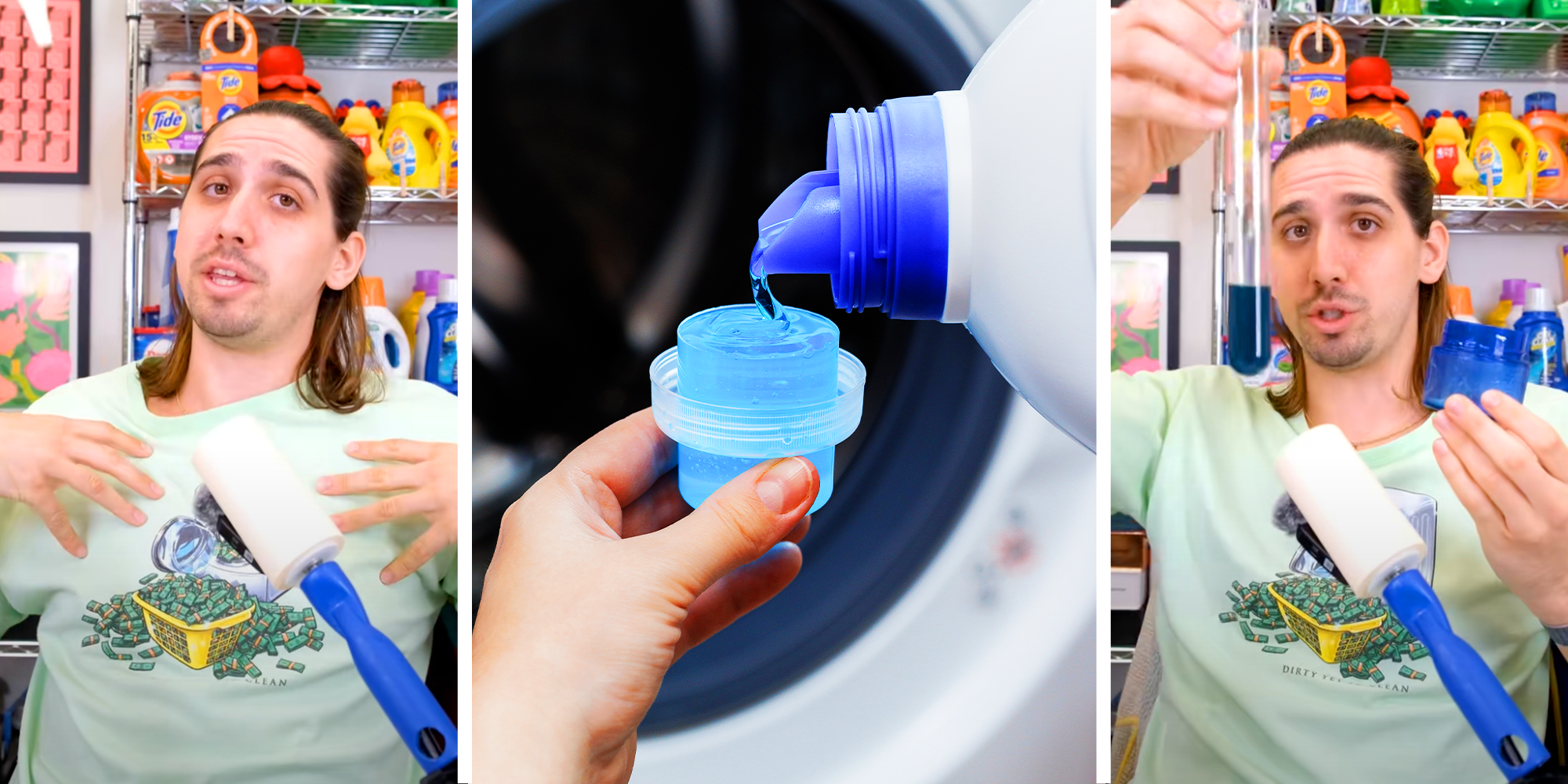 Man gives advice to the viewer how much, and what detergent to use when washing clothes