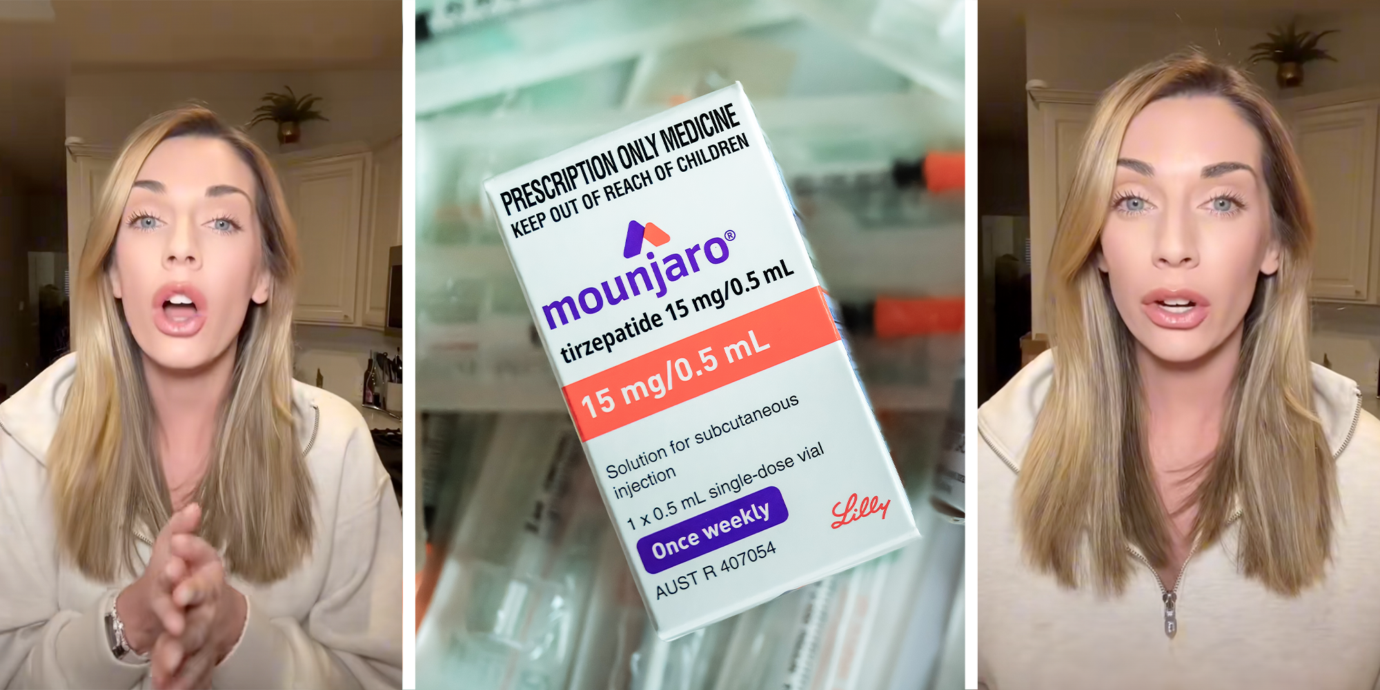 Women with blond hair in her kitchen, Mounjaro 15mg prescription on top of piles of syringes