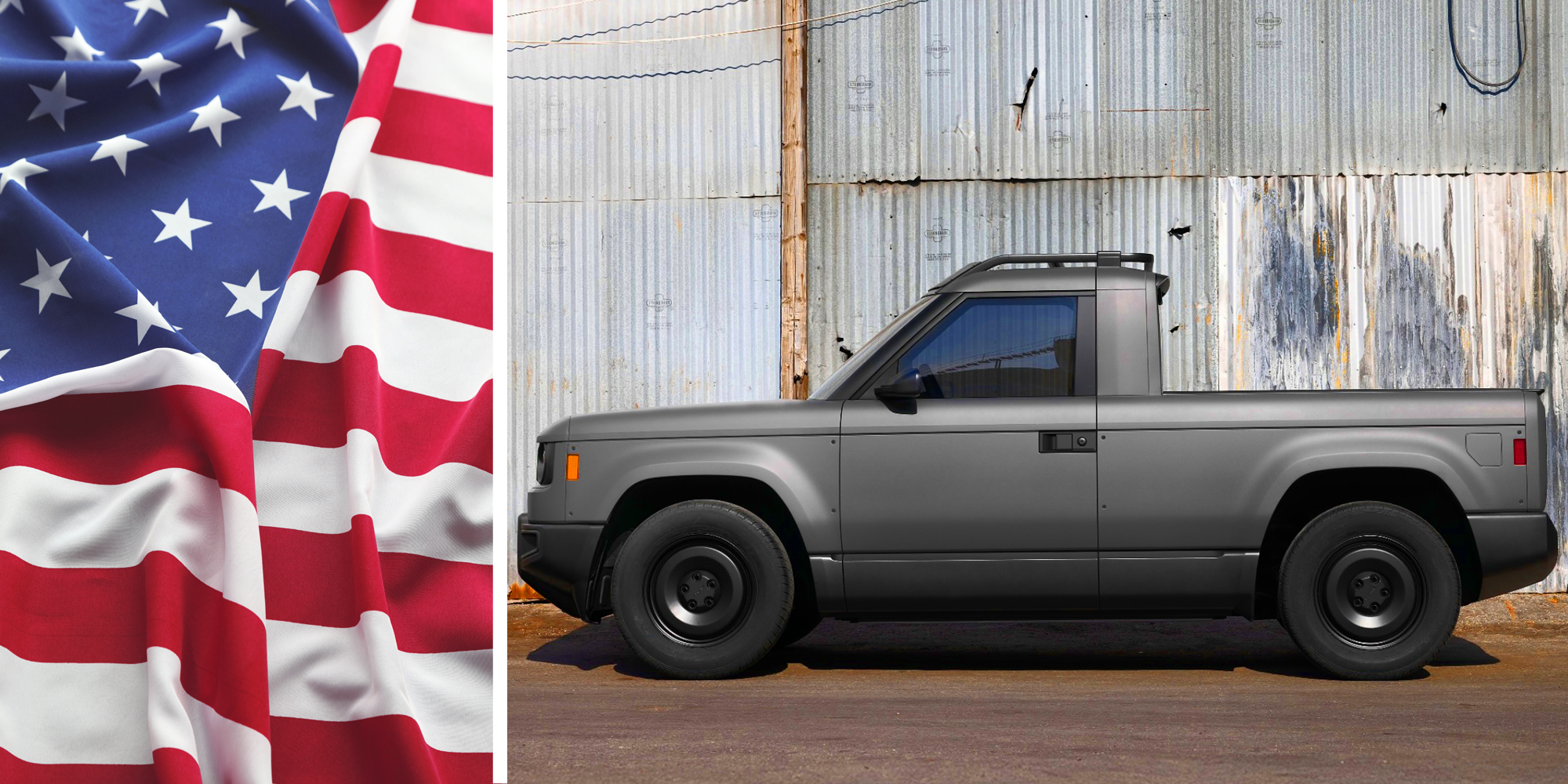 Two panel image with Slate pickup truck on right and American flag on left.