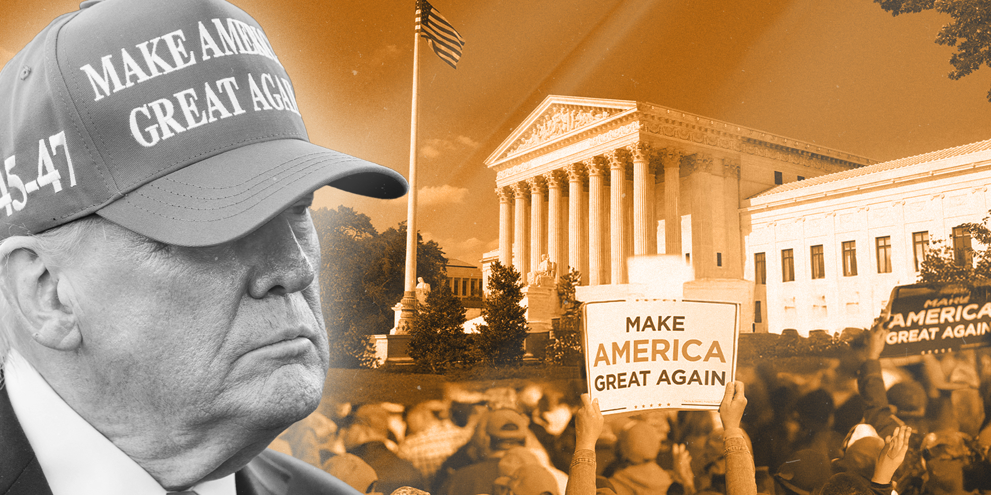 Trump in black and white effect with supreme court background color in orange