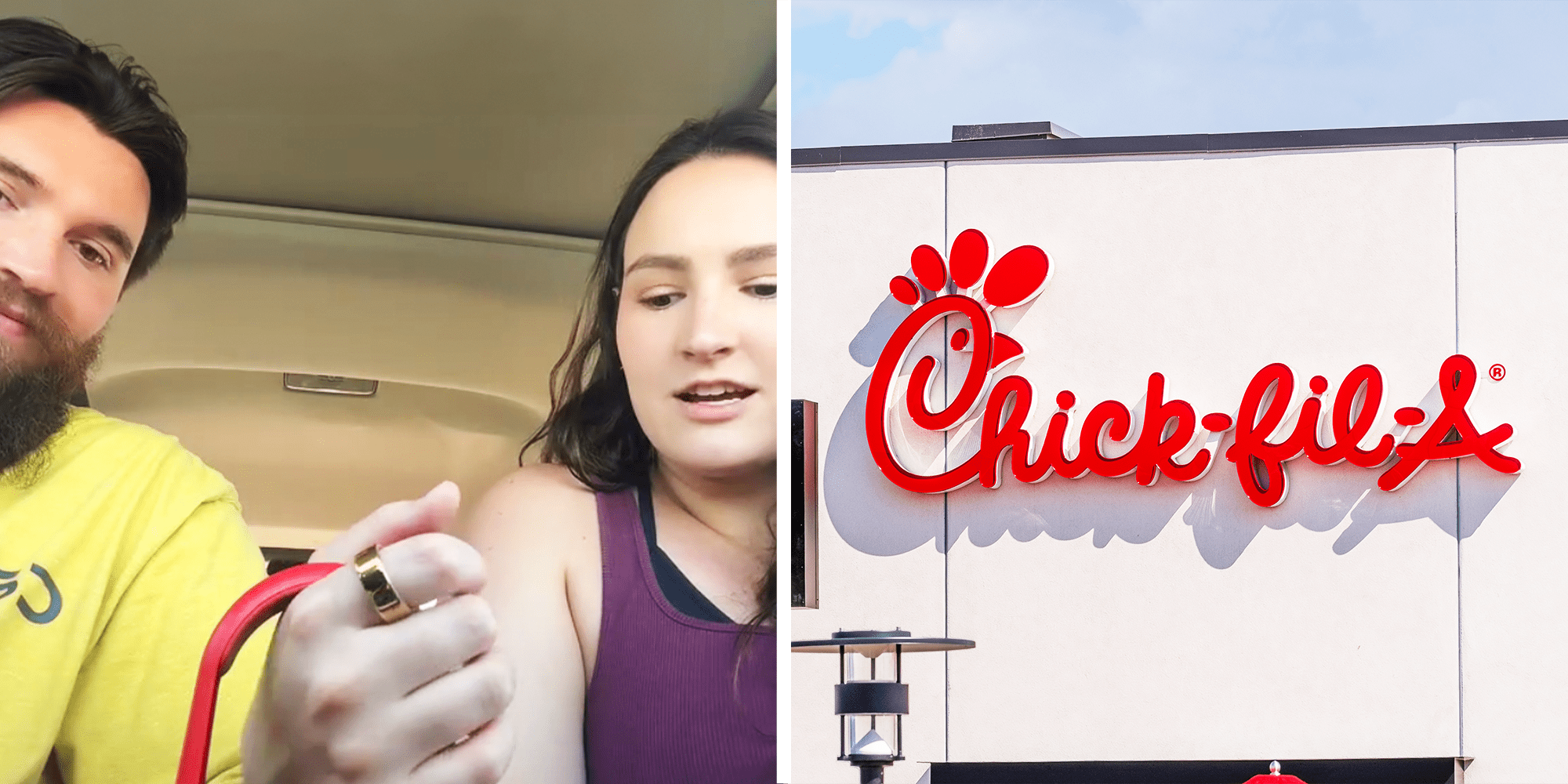 Man with a beard and bright yellow shirt, women with purple shirt, and Chick Fil A Signage