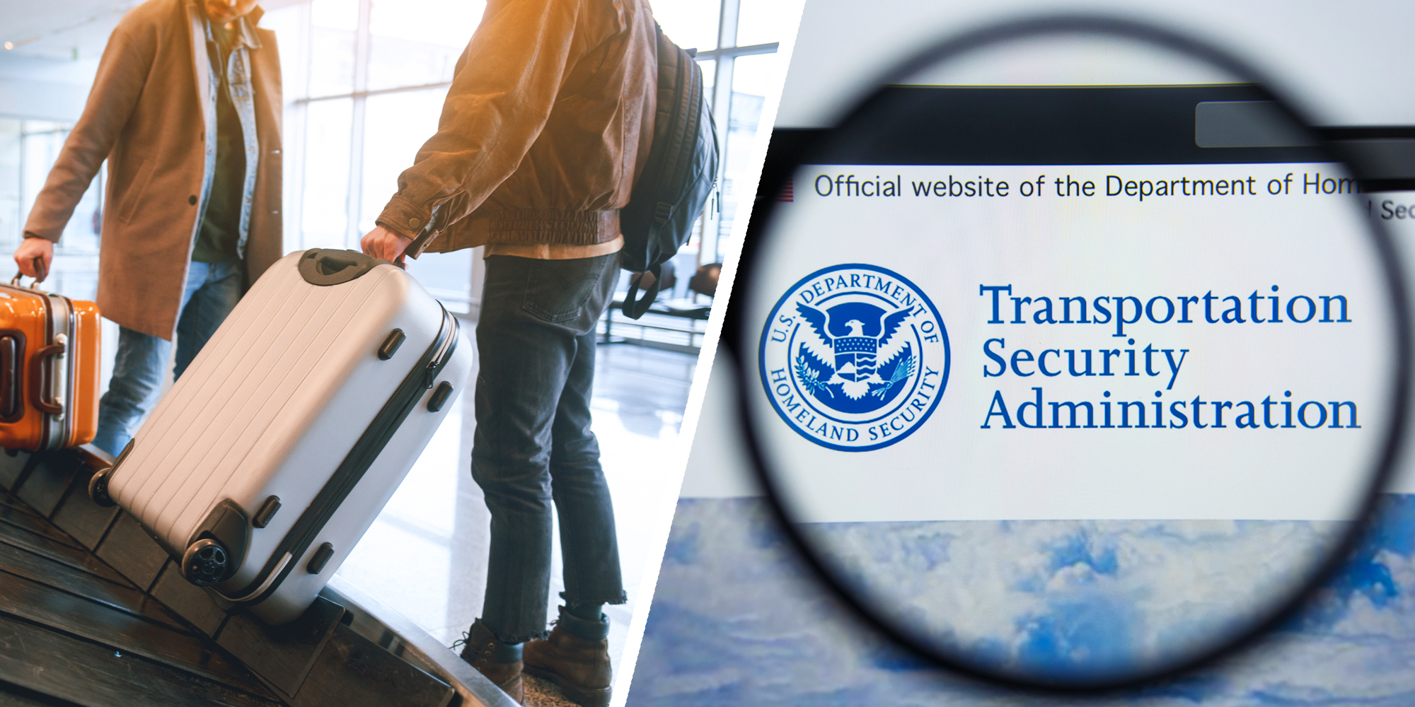 Two panel image with travelers at luggage carousel on right and TSA logo on left.
