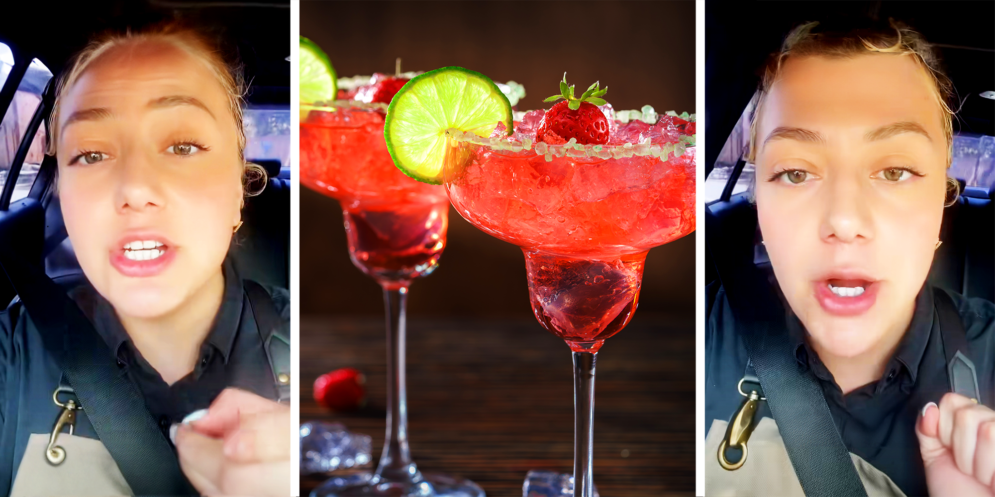 3 Panel Image, women with aprons on in her car, and 2 glasses of strawberry margarita with limes and strawberry topping