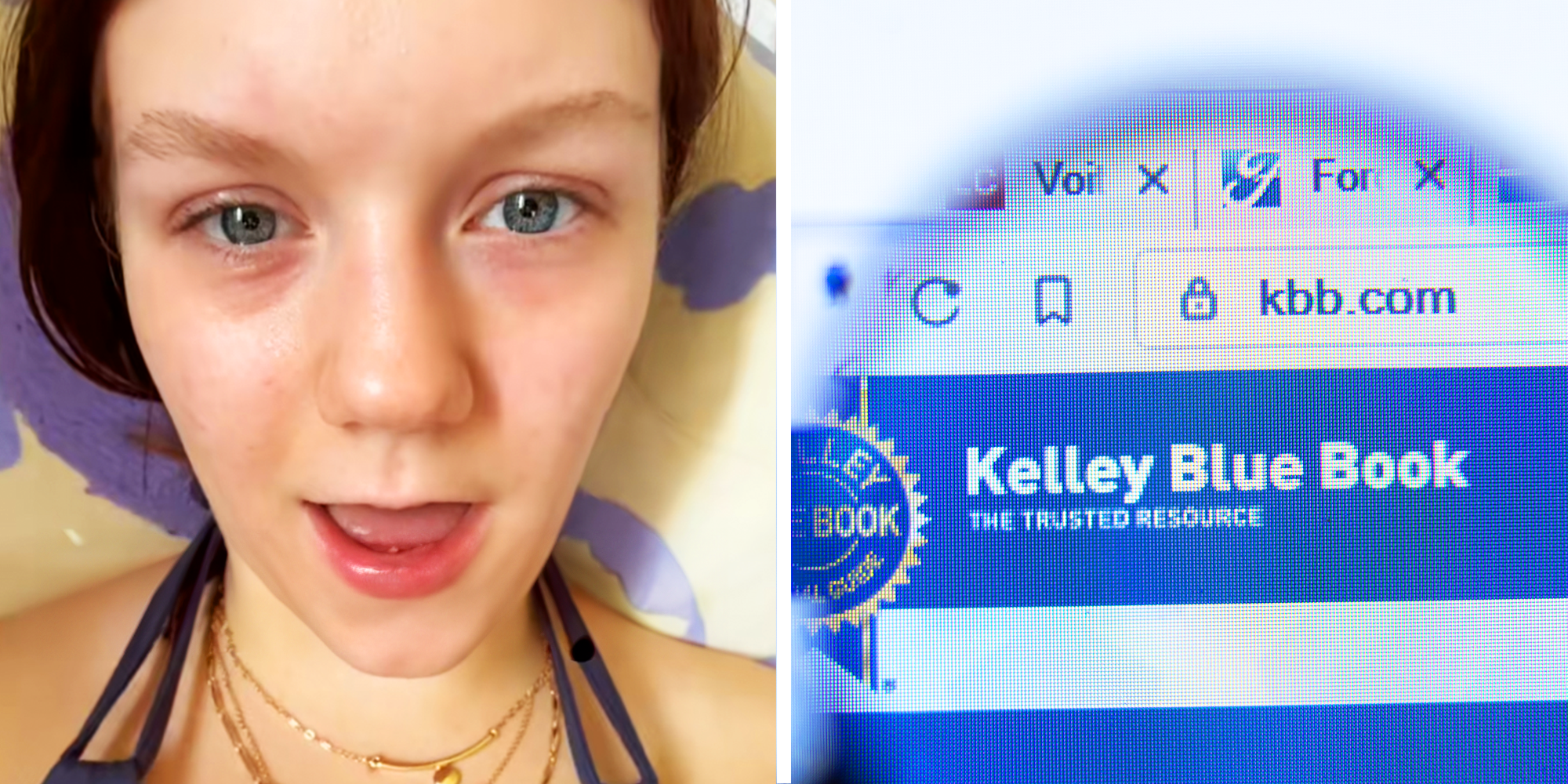 Girl with shocked face, and Kelly Blue Book website