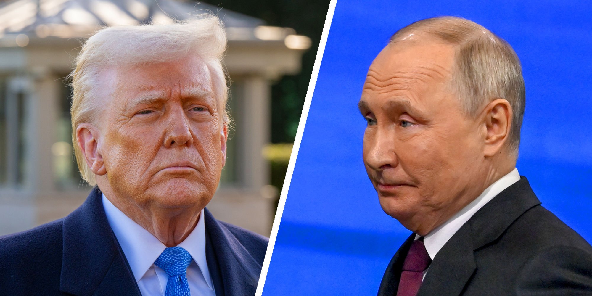 Two panel screen with Trump on left and Putin on right.