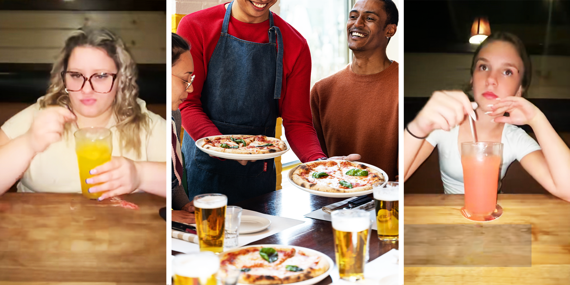 3 Panel Image, Girl wit yellow shirt and glasses holding yellow drink, and girl drinking a pink drink.