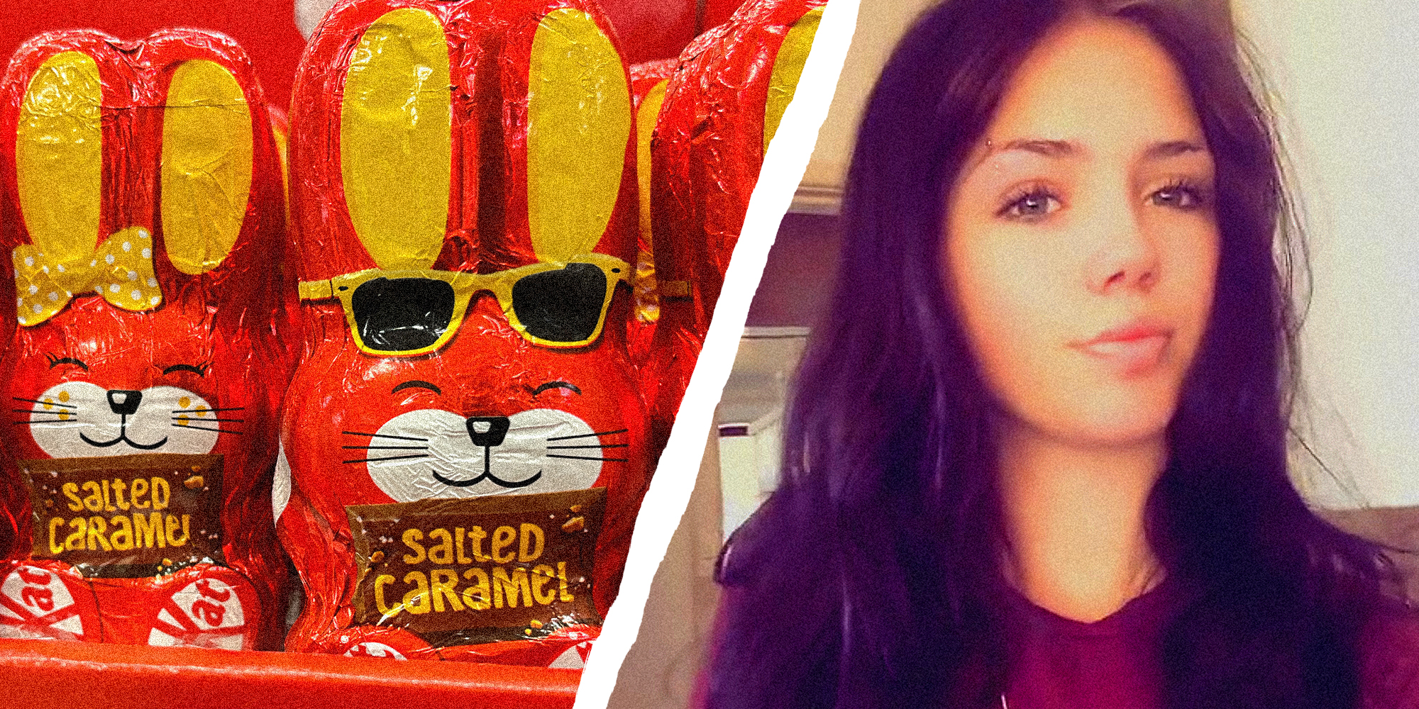 Two panel image with chocolate Easter Bunnies on left and young woman on right.