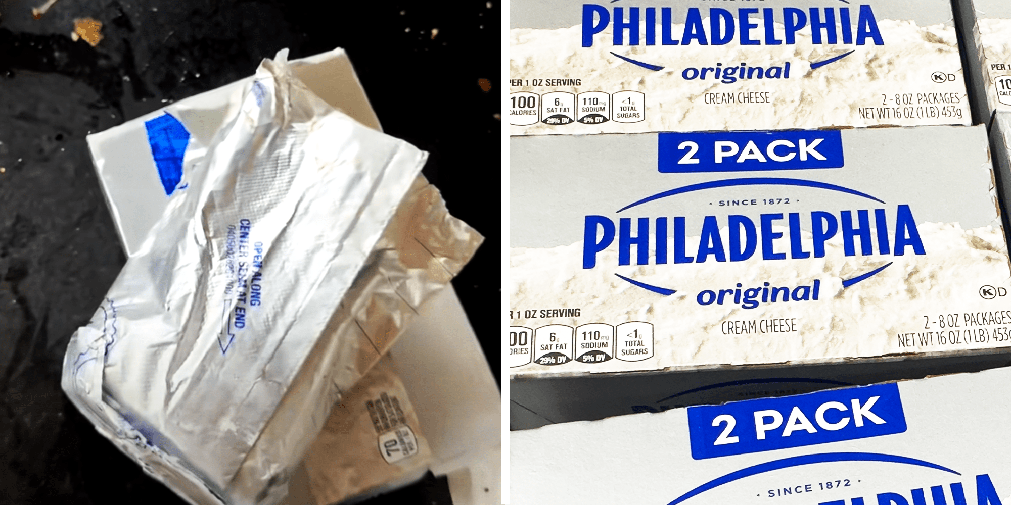 Poorly opened Philadelphia Cream cheese package, and unopened package of Philadelphia cream Cheese