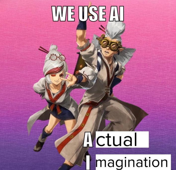 Actual Imagination meme with two animated characters with white hair posing.