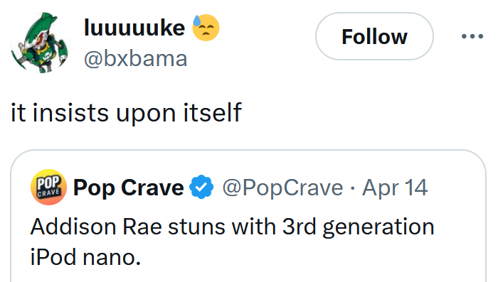 Tweet reading "it insists upon itself"