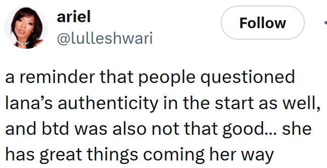 Addison Rae iPod Nano tweet reading "a reminder that people questioned lana’s authenticity in the start as well, and btd was also not that good… she has great things coming her way"