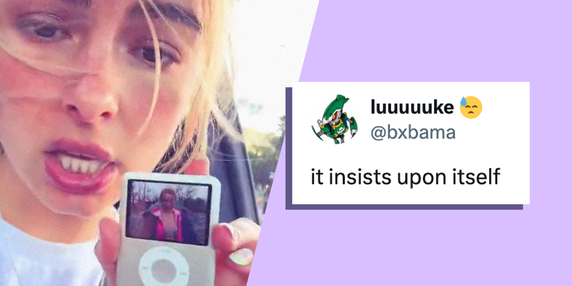 2 panel image of Addison Rae holding up an ipod. Text over is a tweet saying, "it insists upon itself."