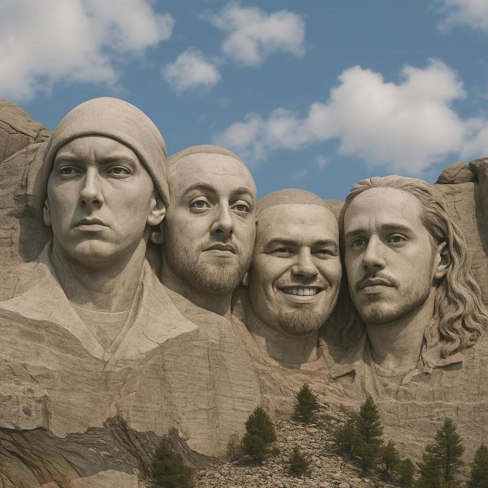 AI generated image of Mount Rushmore featuring white rappers.