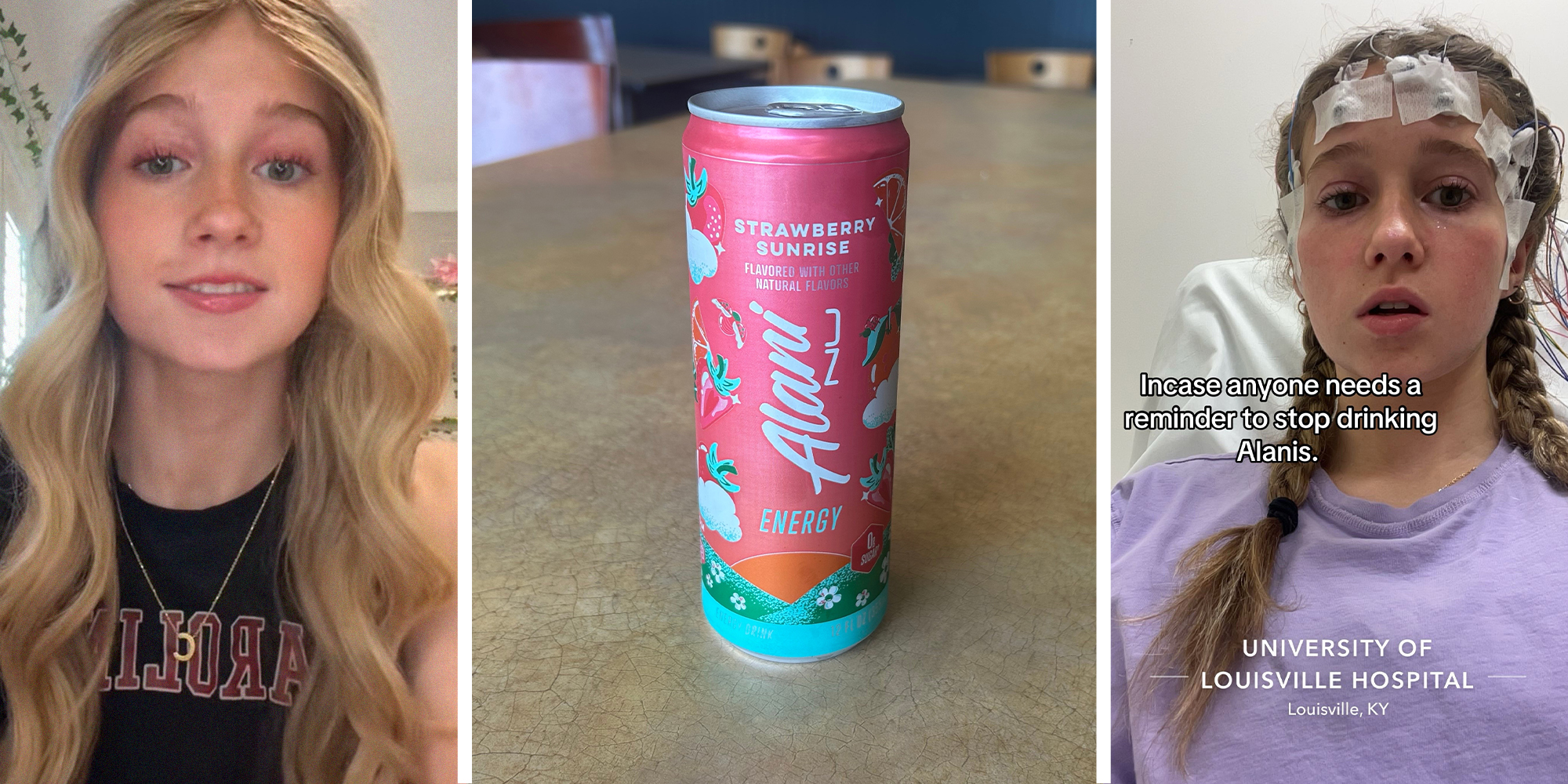 Girl shares story about drinking alani nu energy drink(l) Alani Nu Drink(c) Woman doing tests at hospital(r)