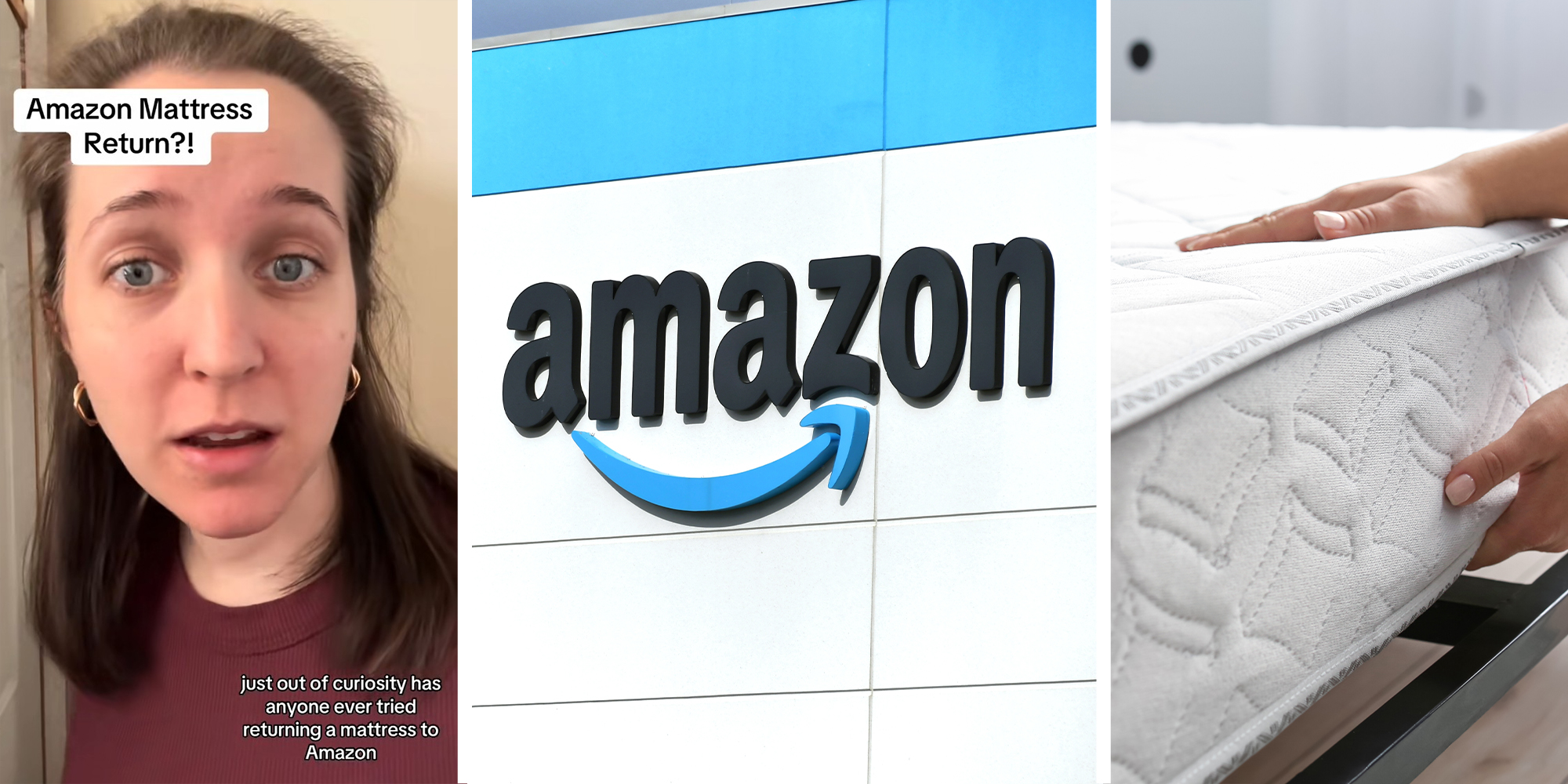 woman shares what happened when she tried to return her mattress(l) Amazon Dealer Sign(c) Mattress being set up on bed frame by a person(r)