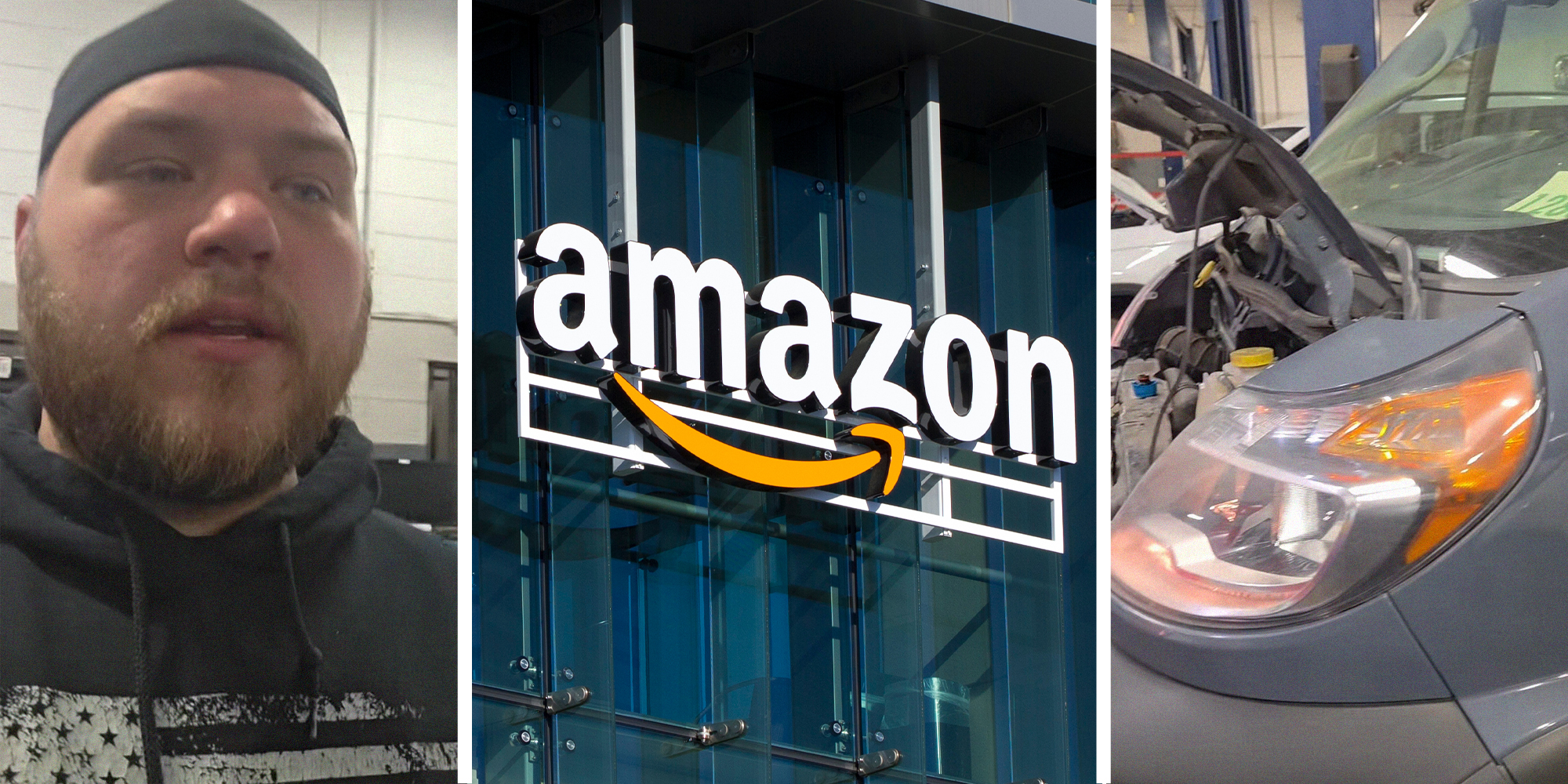 man shares why he loves to work with amazon vans(l) Amazon Logo on building(c) Hood opened on Dodge ram pro master(r)