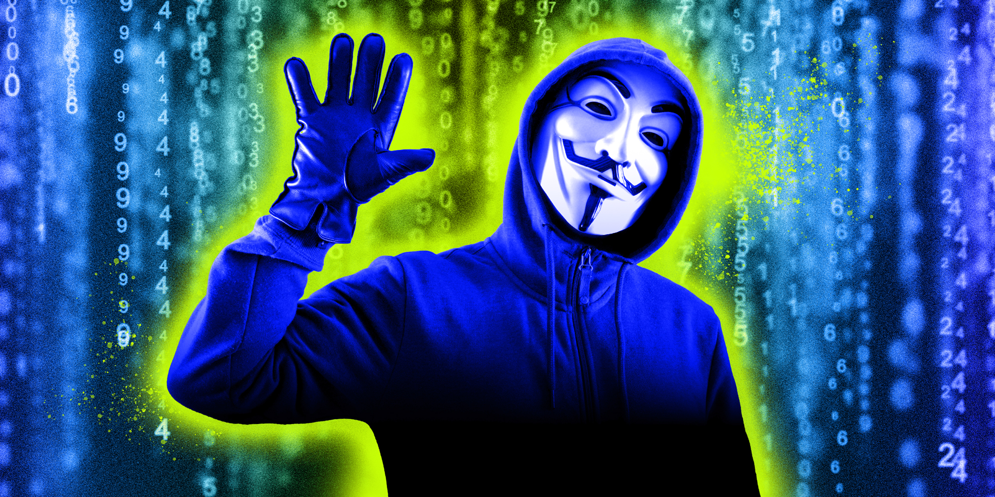 Anonymous: photo collage image of a person wearing Guy Fawkes mask in front of a screen of code.