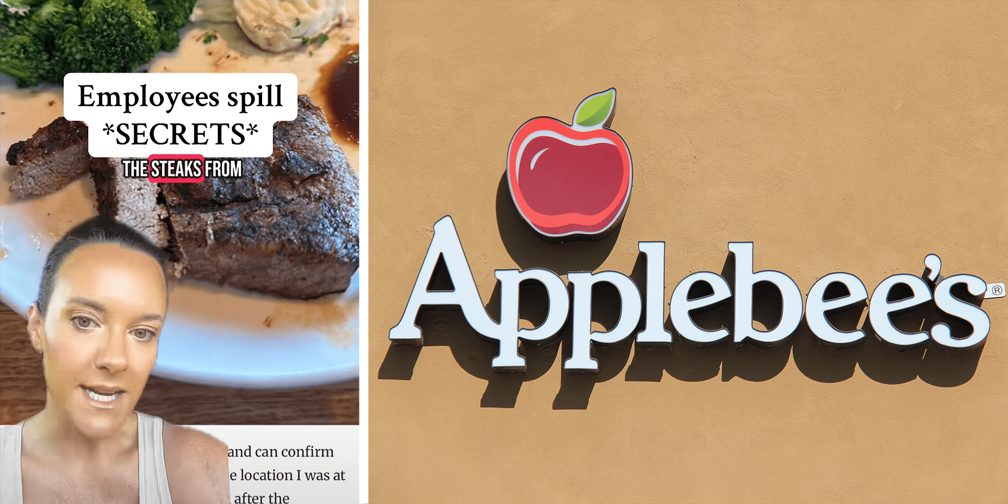 2 image split. Woman with steak in background and overlayed caption that reads: "Employee spills secrets" on left. Applebees on right.