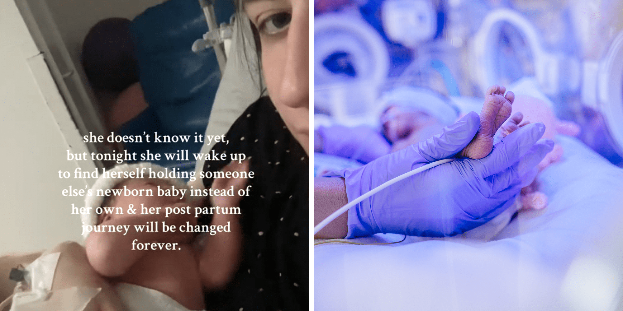 2 image split. Woman holding baby with caption that reads: "she doesn't know it yet, but tonight she will wake up to find herself holding someone else's newborn baby instead of her own & her post partum journey will be changed forever." on left. Gloved doctor hands holding newborn baby feet on right.