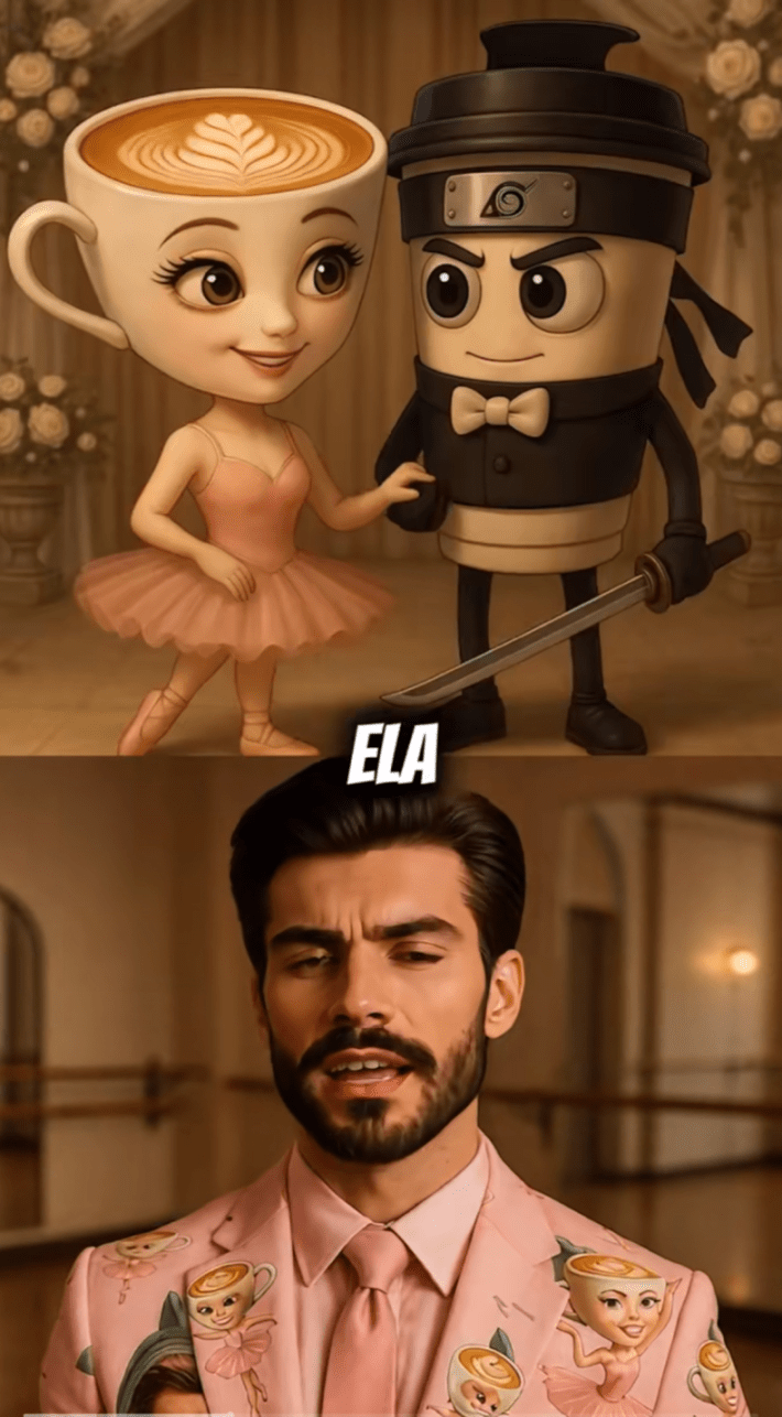 Screenshot of an AI-generated ballerina with a cappuccino cup head with a ninja coffee cup. An AI-generated man is explaining the meme in the bottom half.