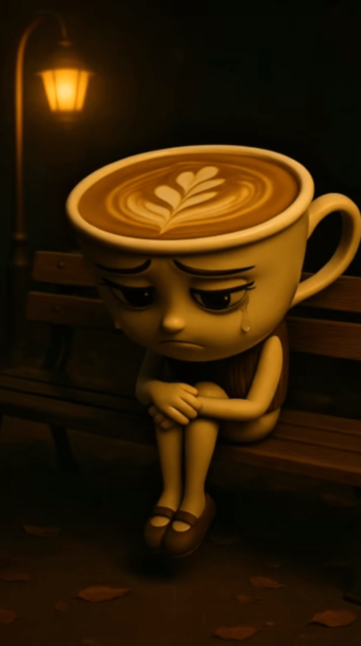Screenshot of an AI-generated ballerina with a cappuccino cup head crying on a park bench.