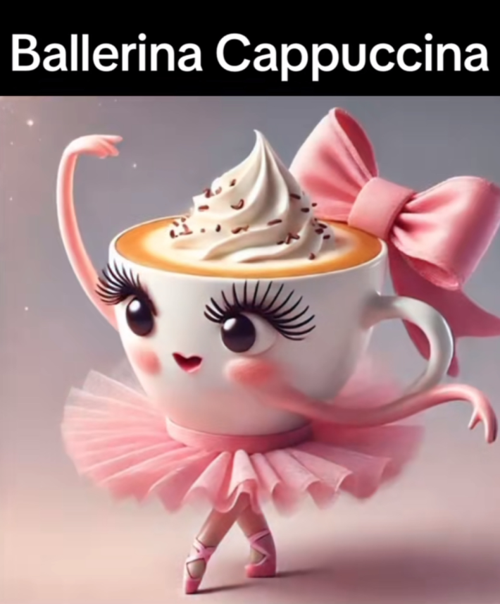 Screenshot of an AI-generated ballerina with a cappuccino cup head doing ballet.