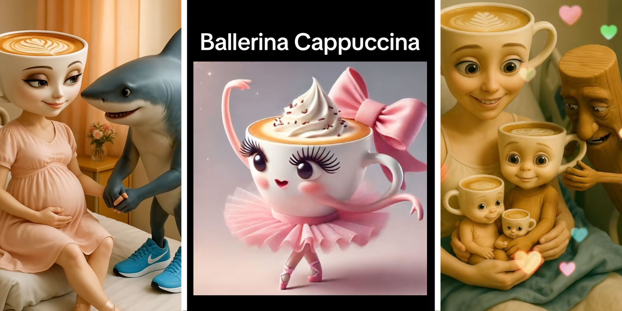 Three AI images of Ballerina Cappuccina