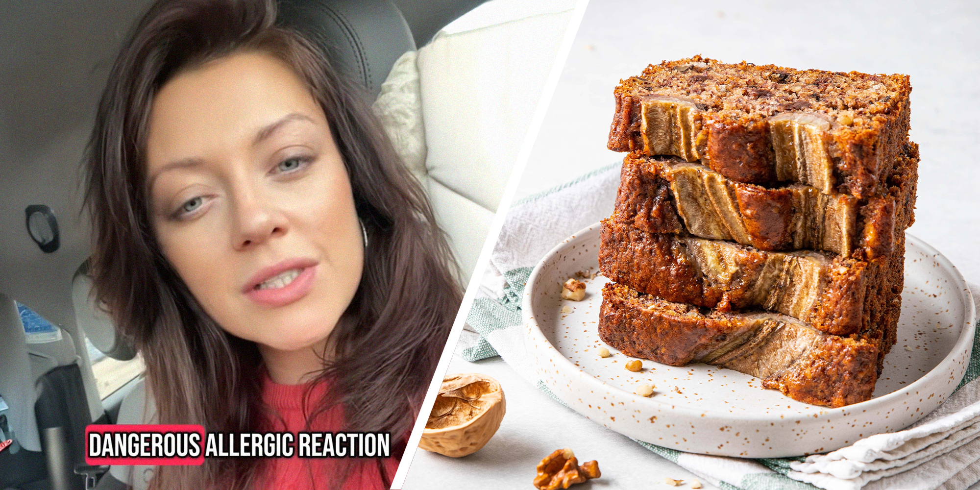 woman shares how she caught someone cheating(l) Banana bread slices on plate(r)
