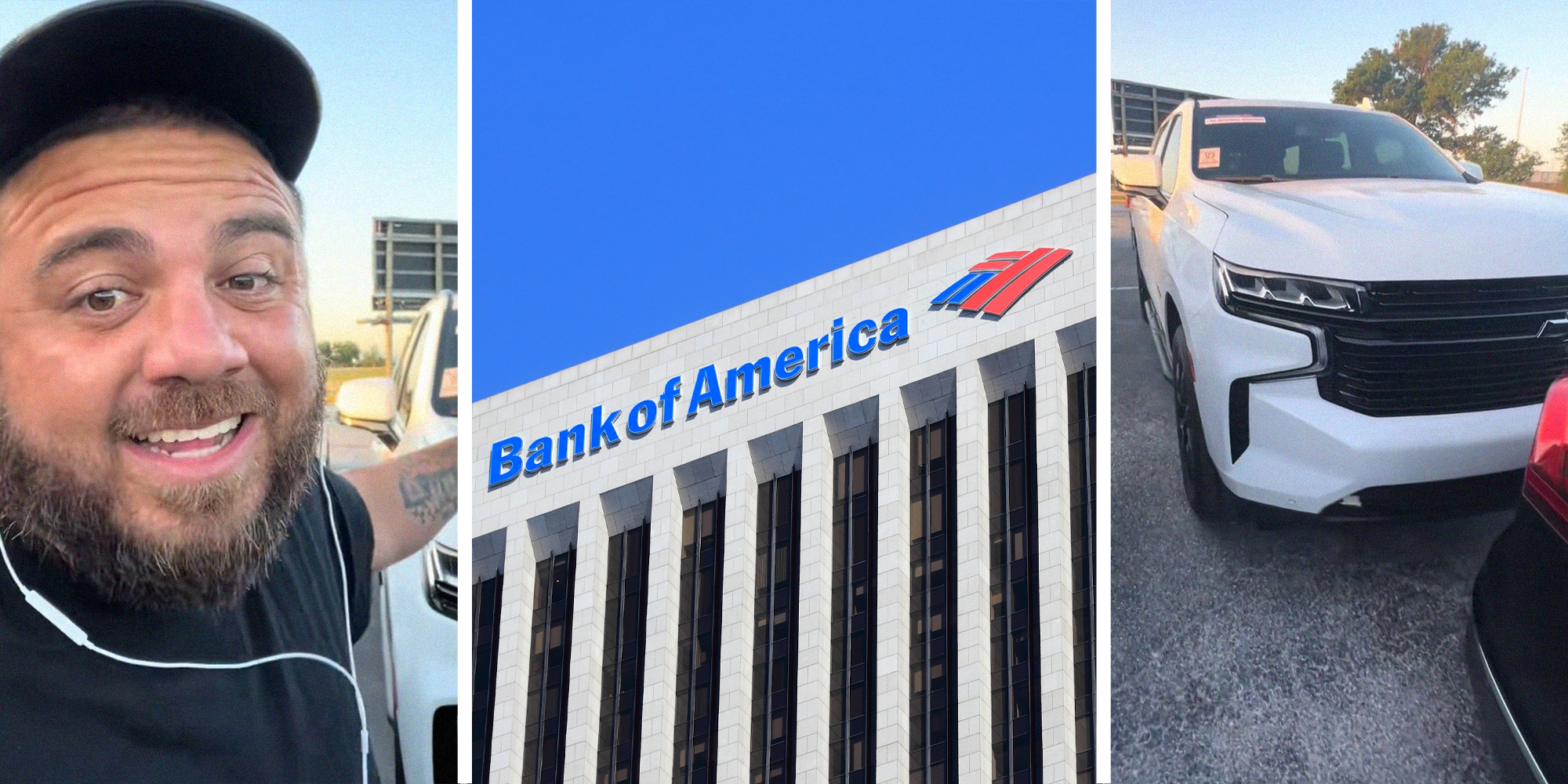 man shares vehicles that are at Bank of America Repo Lot(l) Bank of america logo on building(c) White Chevrolet Tahoe(r)