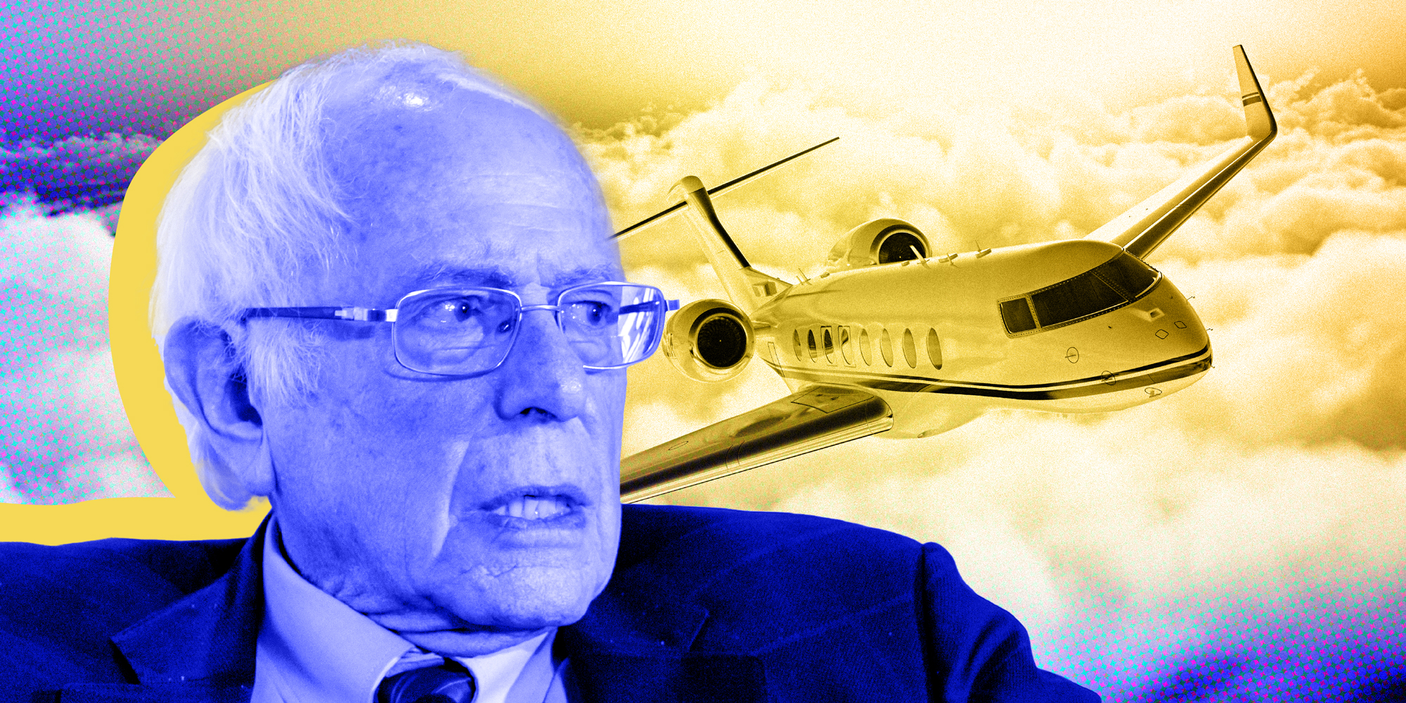 Photo collage of Bernie Sanders and a private jet behind him.