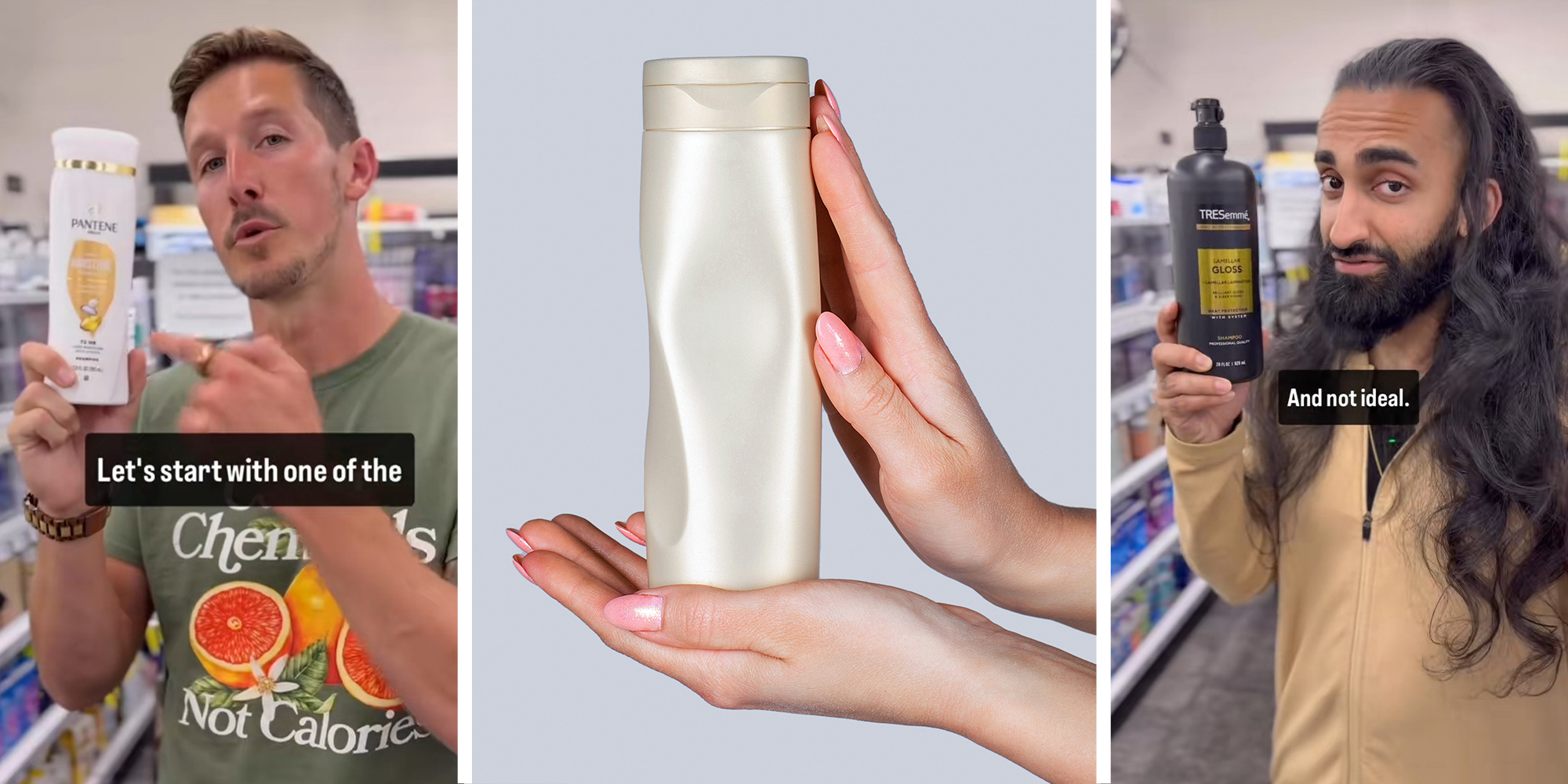 Man holding up pantene shampoo in store(l) Female hands hold shampoo bottle.(c) Man with long hair holding up TRESemmé shampoo(r)