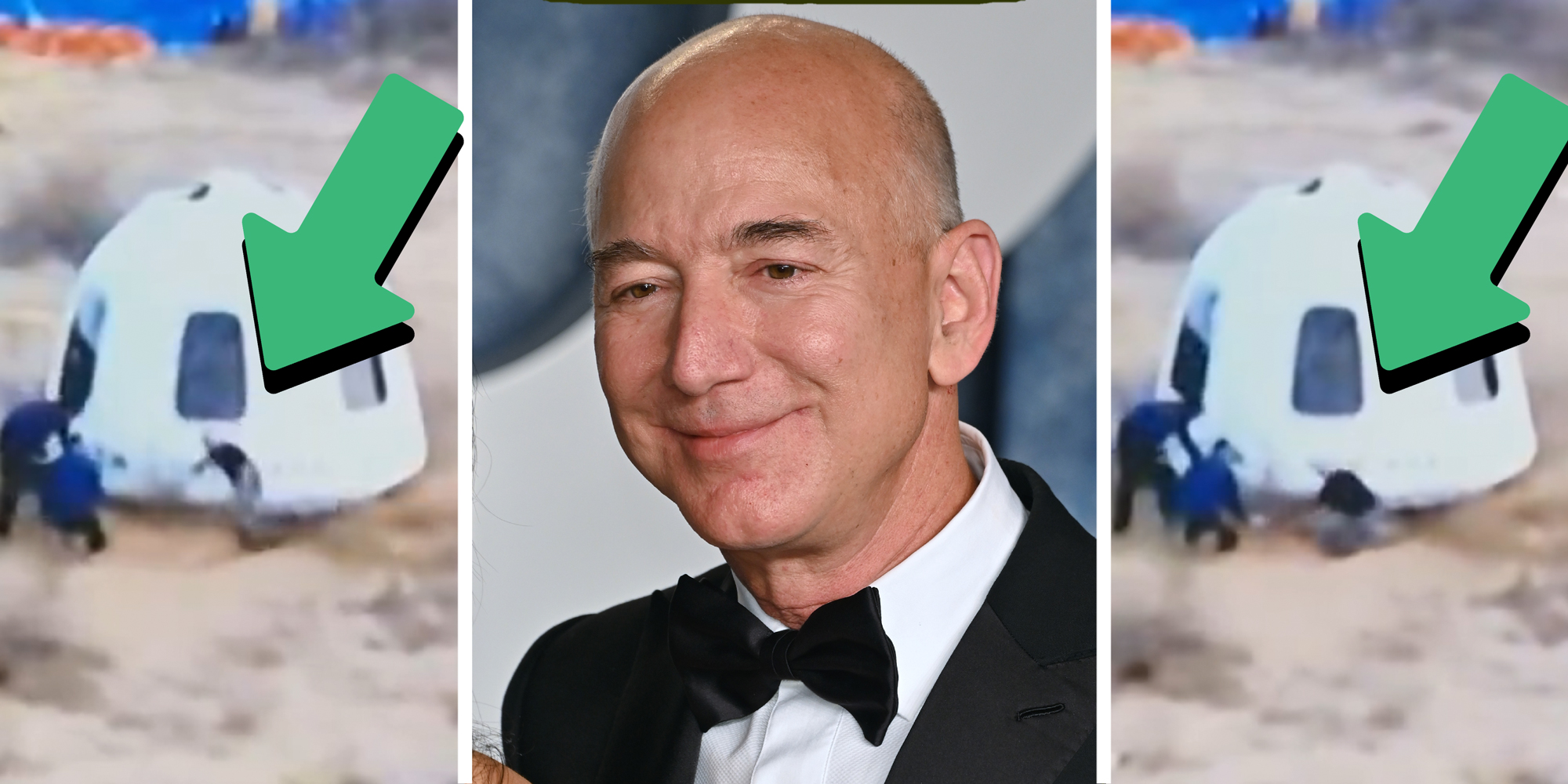3 panel image - jeff Bezos in the middle, scenes from a video appearing to show him tripping.