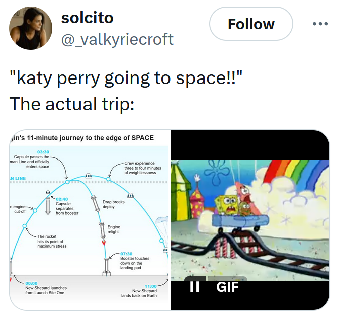 Blue Origin meme about the trip being short and disappointing like the SpongeBob SquarePants roller coaster.