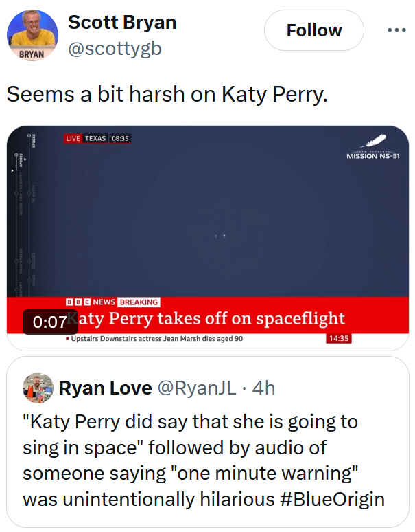 Blue Origin meme about Katy Perry failing to sing in space.