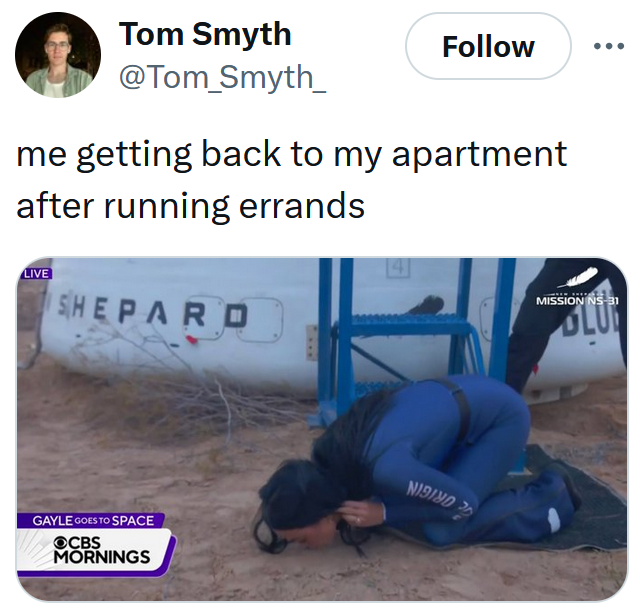 Blue Origin meme about returning home after running errands.