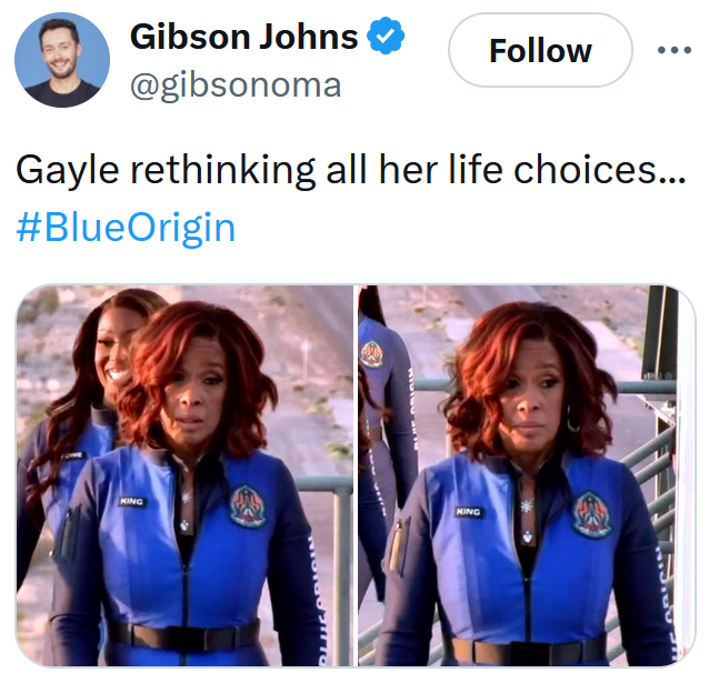 Blue Origin meme with two images of Gayle King looking sick.