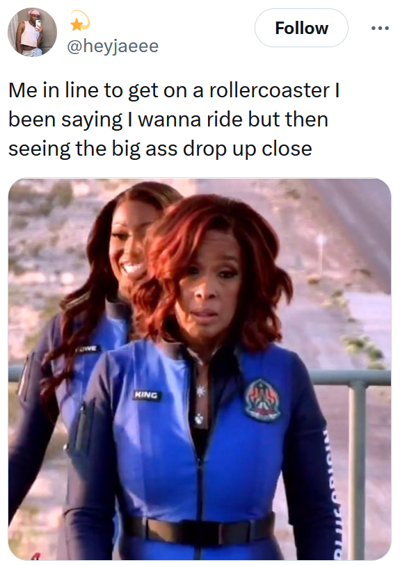 Blue Origin meme about Gayle King and regretting lining up for a roller coaster.