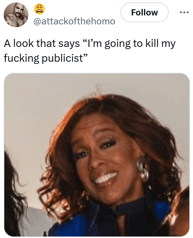 Blue Origin meme with the Gayle King closeup about her killing her publicist.