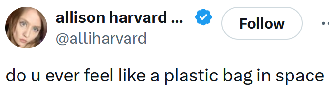 Tweet reading "do u ever feel like a plastic bag in space"