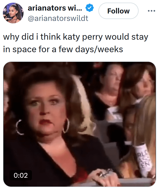 Blue Origin meme about Katy Perry staying in space.