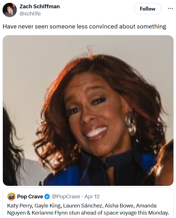 Blue Origin meme with a close up of Gayle King posing for the flight.