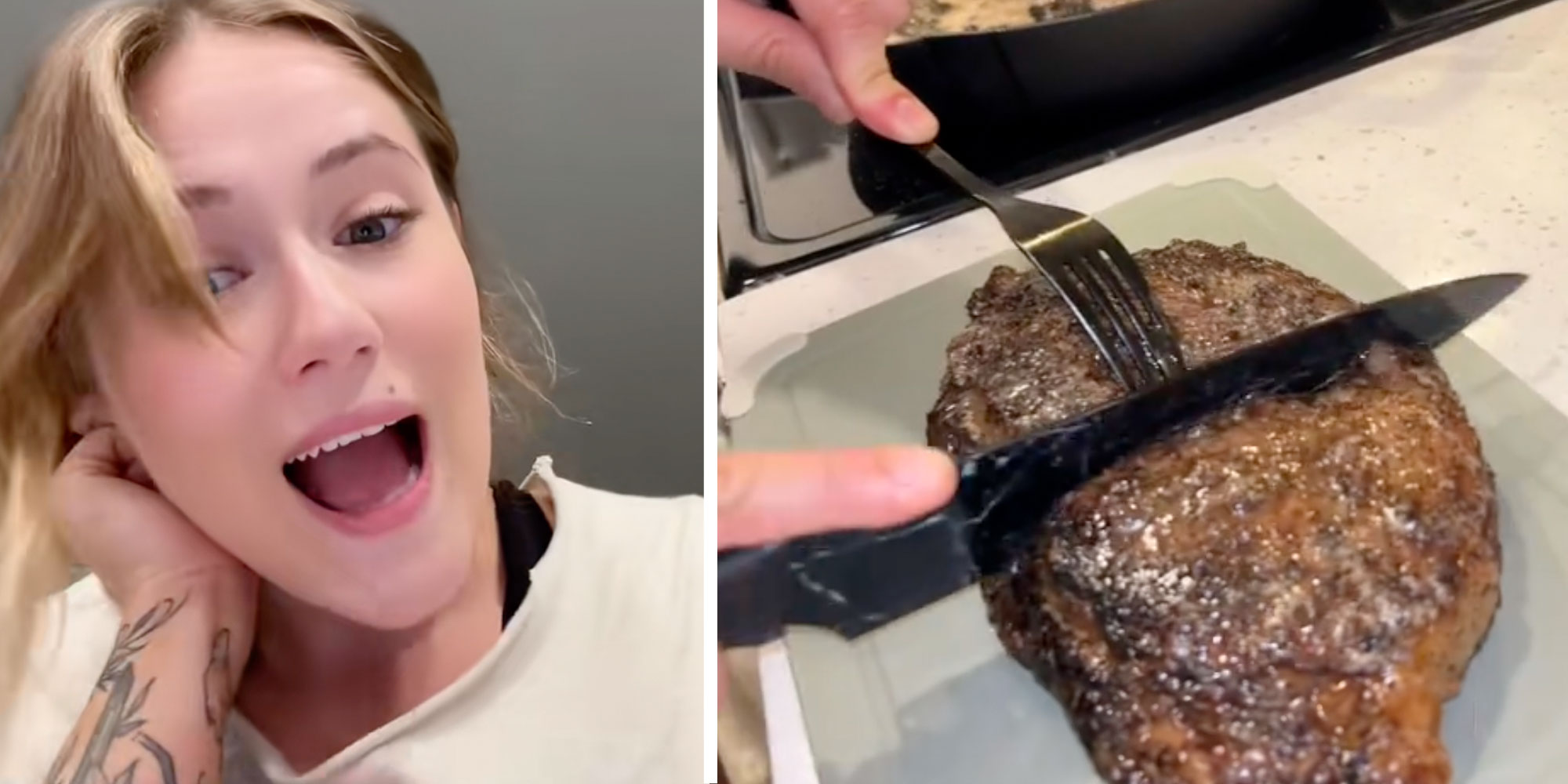 2 image split. Woman, steak