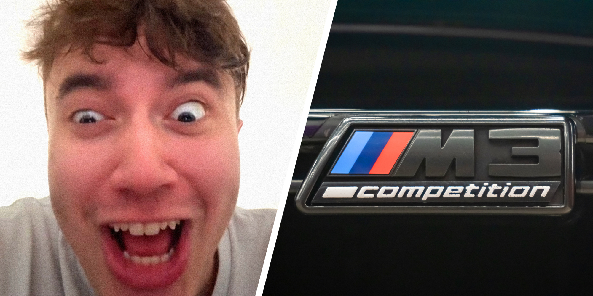 2 panel image: on the left a person makes a shocked face and on the right the BMW M3 Competiton hood ornament.