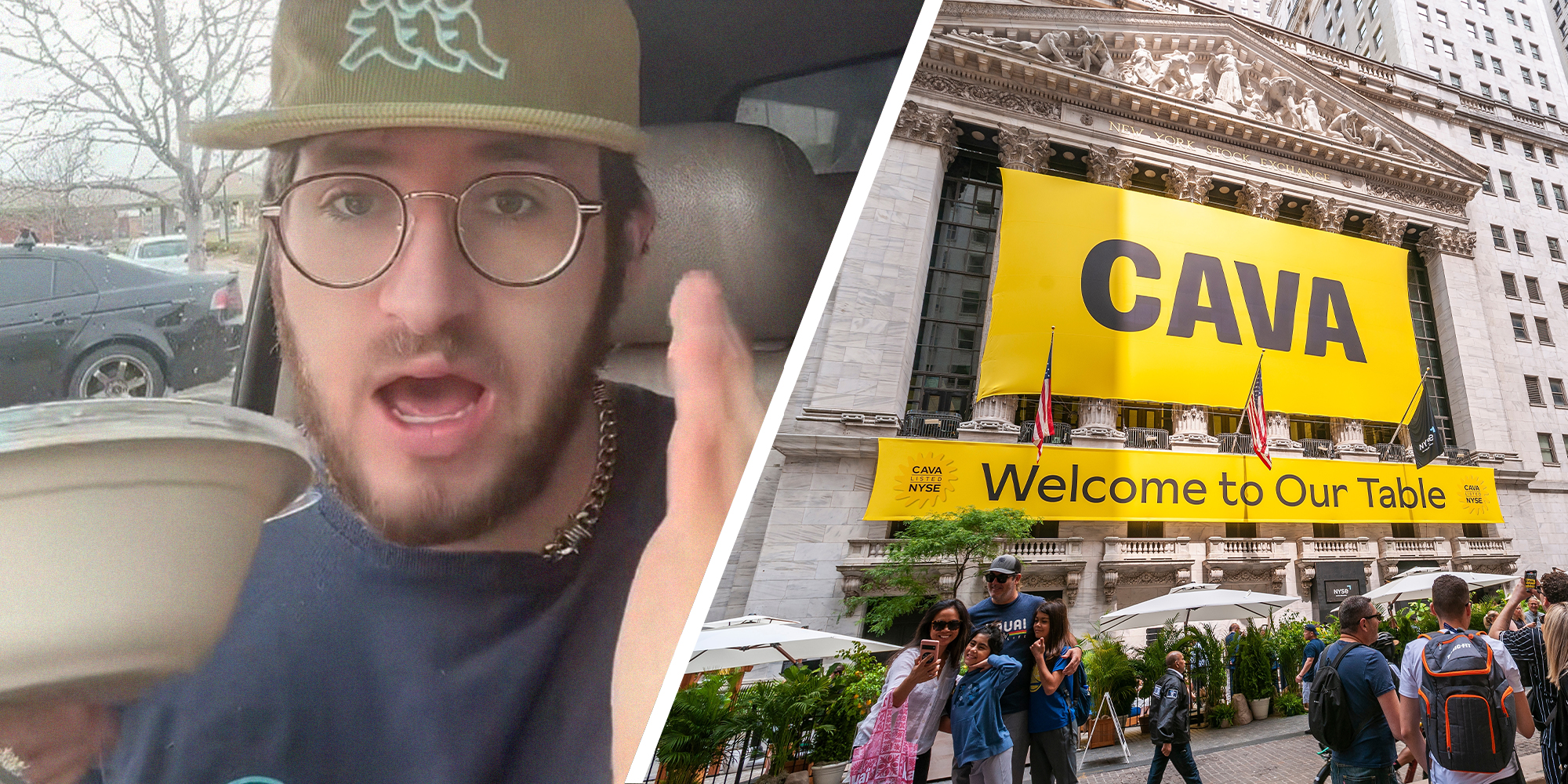 Man looking shocked while sharing his experience ordering food at cava(l) Sava Store Sign(r)
