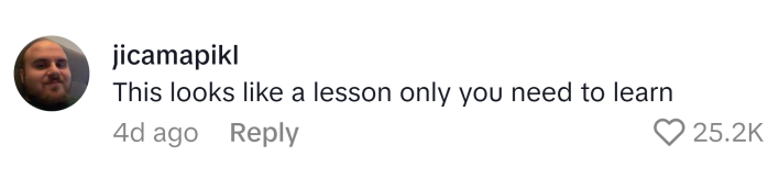 TikTok comment reads, "This looks like a lesson only you need to learn"