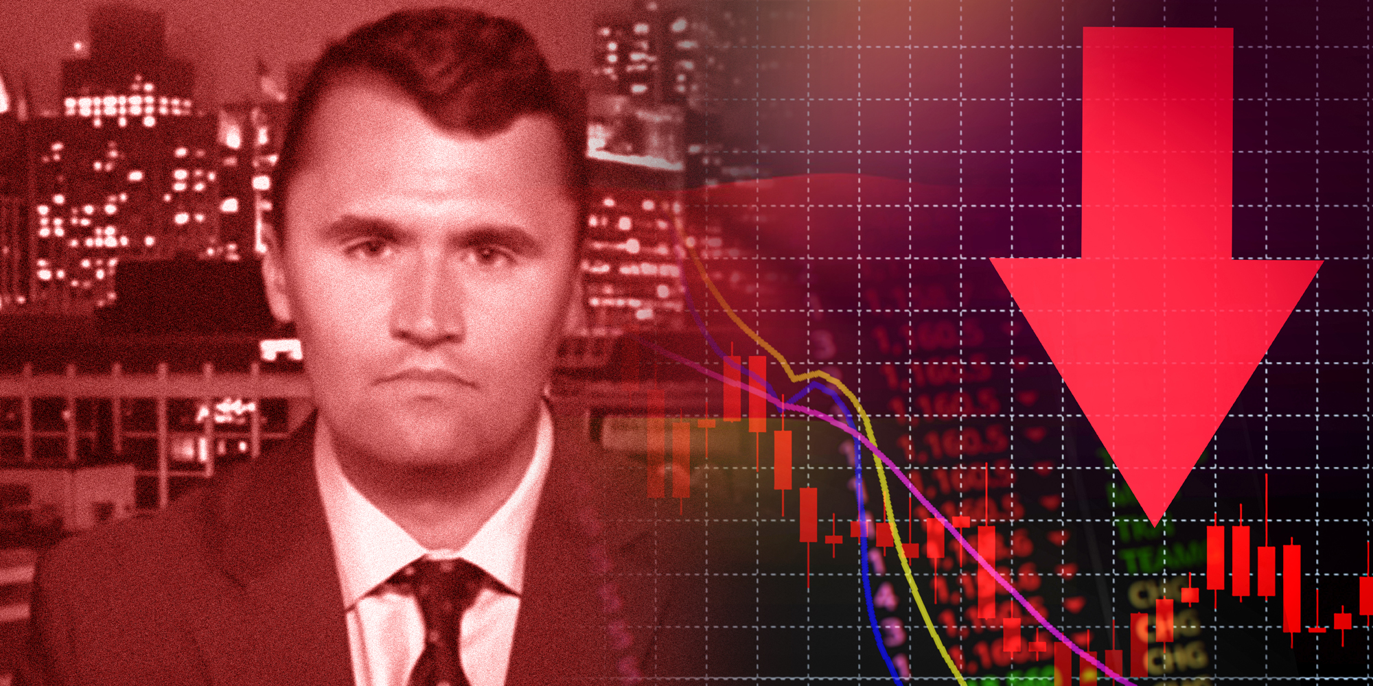 photo collage of Charle Kirk and a down stock arrow.