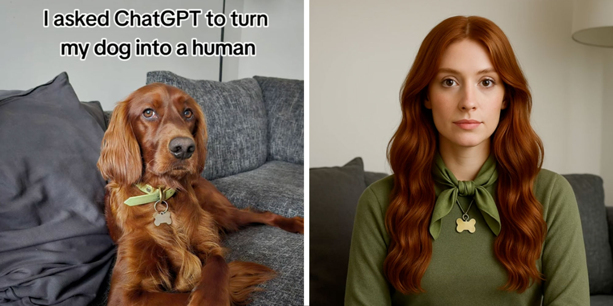 Left: Screenshot of Tiktok user @roisintheredsetter's dog with the caption "I asked ChatGPT to turn my dog into a human"; Right: AI Image of a Red haired woman.