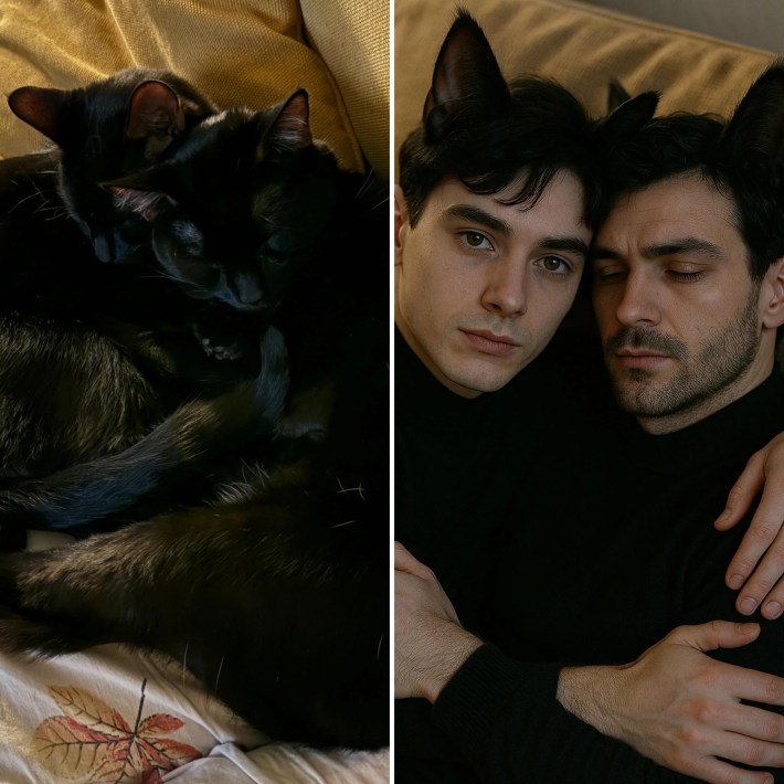 Two cats cuddling on the left, AI generated image of two men with cat ears cuddling.